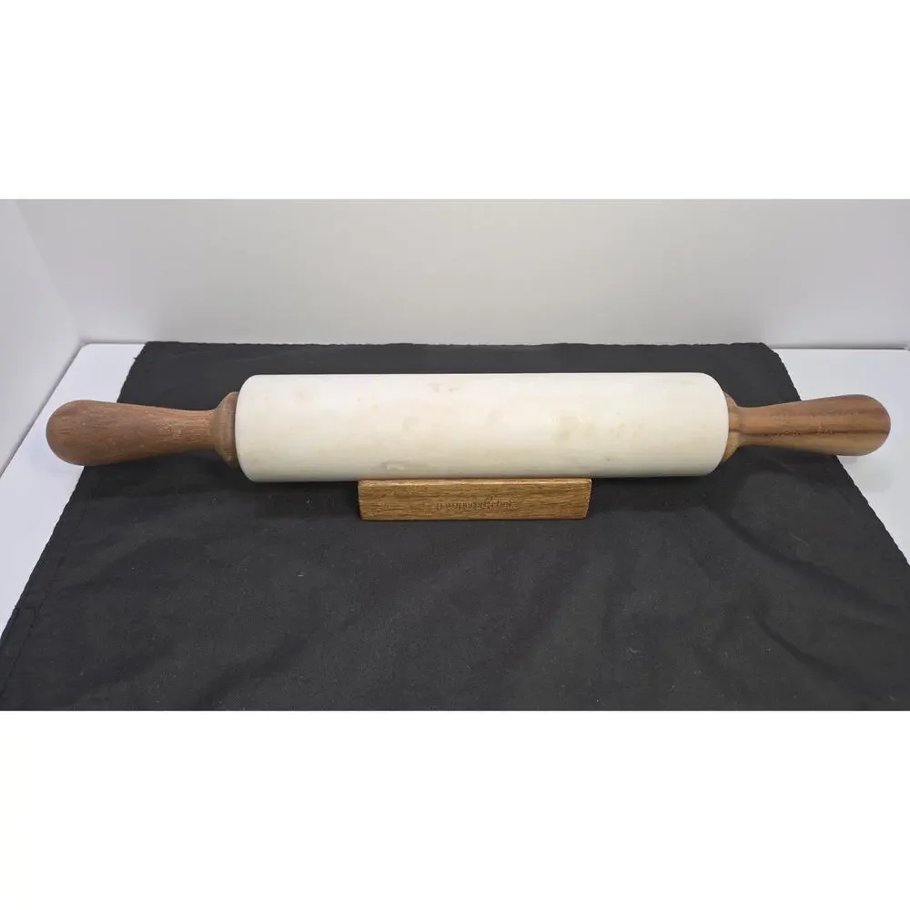 Pampered Chef White Marble Rolling Pin #1607 w/ Wood Handles & Cradle Stand